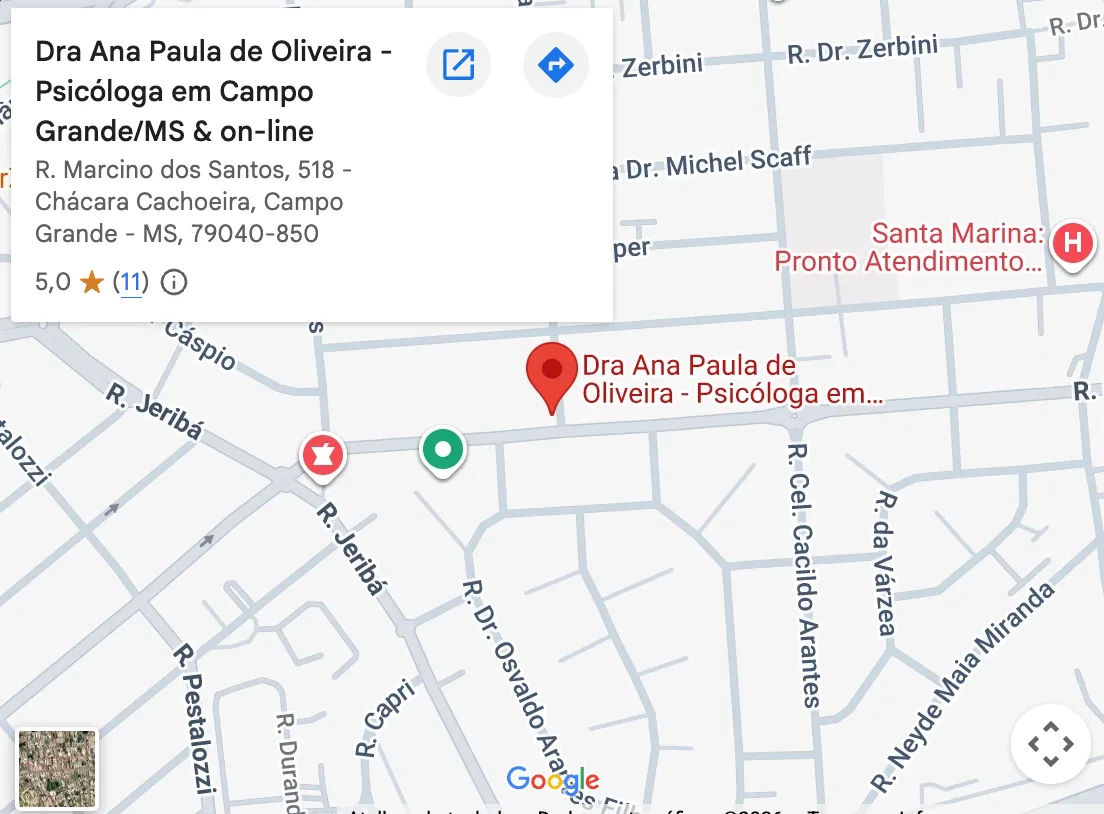 Mapa com a localização do consultório na Rua Marcino dos Santos, 518, Chácara Cachoeira, Campo Grande/MS